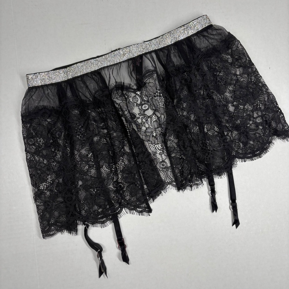 Victorias Secret‎ Very Sexy Black Lace Rhinestone Garter Skirt XS/S 995194 NWOT